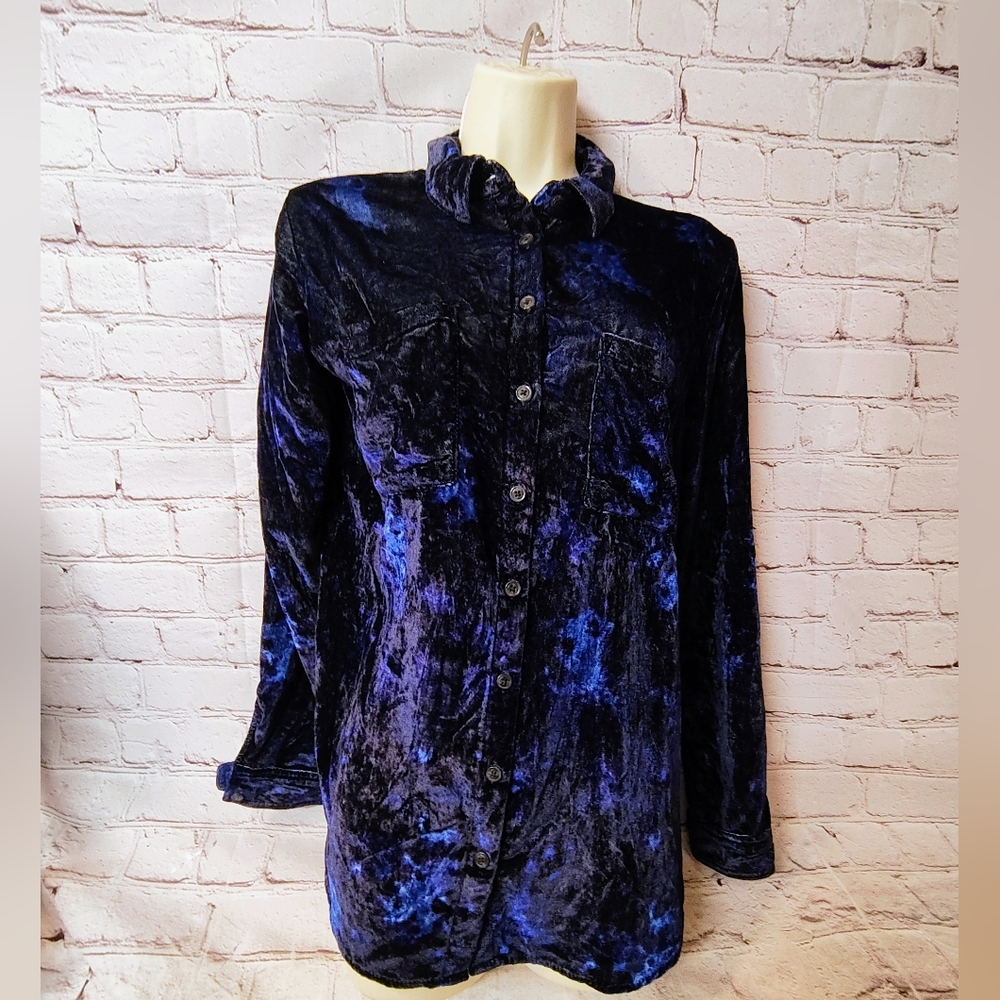 Anthropologie Pilcro Blue Velvet Button Down Blouse 8 Bohemian